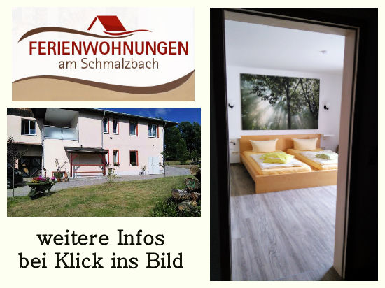 Collage der Ferienwohnung am Schmalzbach. Außenansicht und Schlafzimmerblick - Bild öffnet externen Link