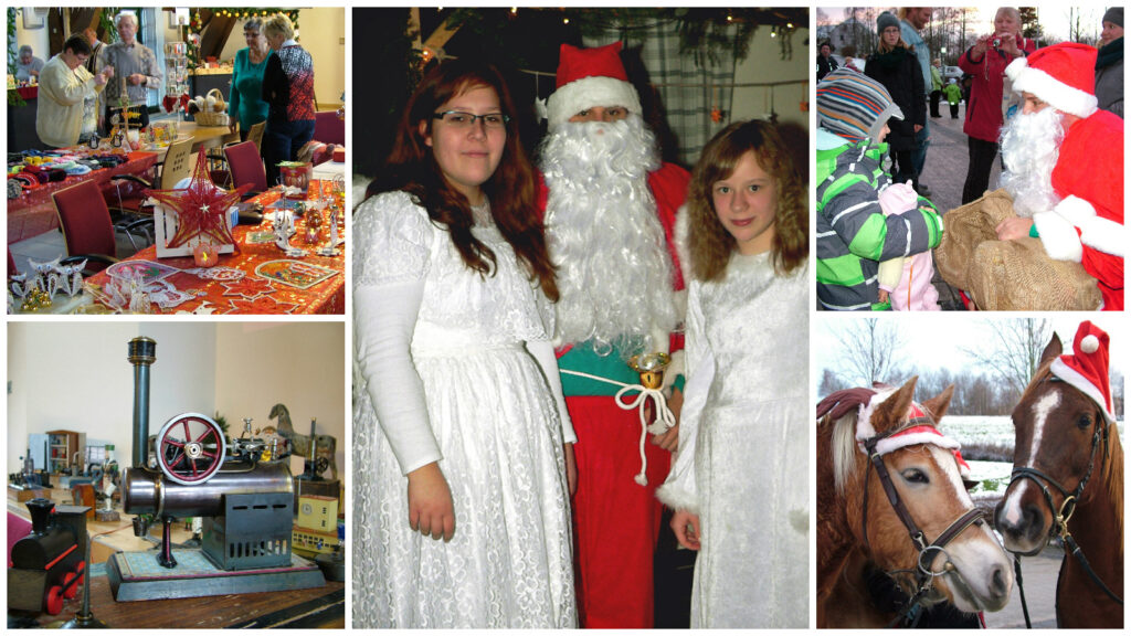Collage Adventsmarkt mit Weihnachtsmann, Engeln, Kindern und Pferden