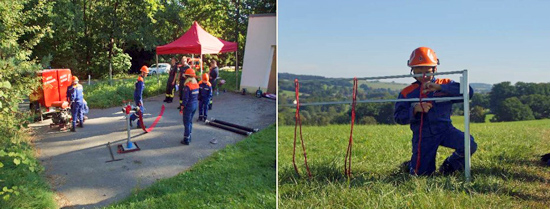 Links: Parkour des Orientierungslaufes Rechts: Kind an einem Hindernis