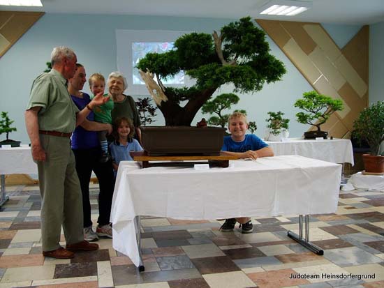 Mehrere Personen stehen um den großen Bonsai in der Mitte des Raumes