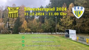 Sportplatz am Mühlteich mit Hinweis zur Veranstaltung "Silvesterspiel" am 31.12.2024 um 11.00 Uhr mit Hinweisen vom Veranstalter, der SpVgg Heinsdorfergrund 02