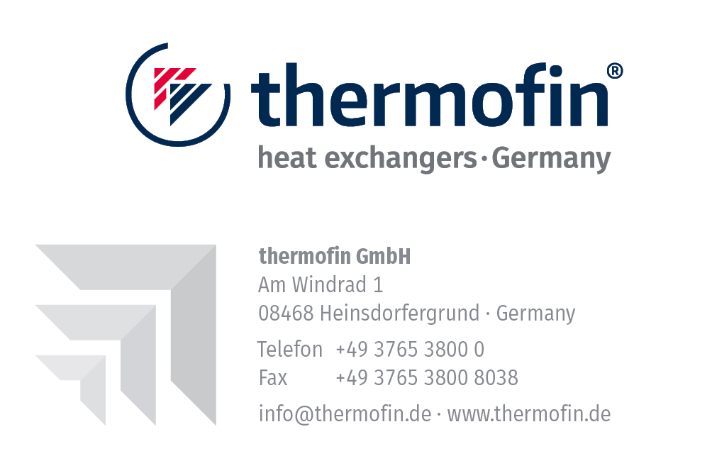 Im Bild sind das Logo und die nachfolgenden Kontaktdaten der Firma thermofin GmbH angegeben: Adresse: Am Windrad 1, 08468 Heinsdorfergrund (Germany), Telefonnummer +493765 38000, Faxnummer +493765 38008038, E-Mail-Adresse: info@thermofin.de, Homepage: www.thermofin.de