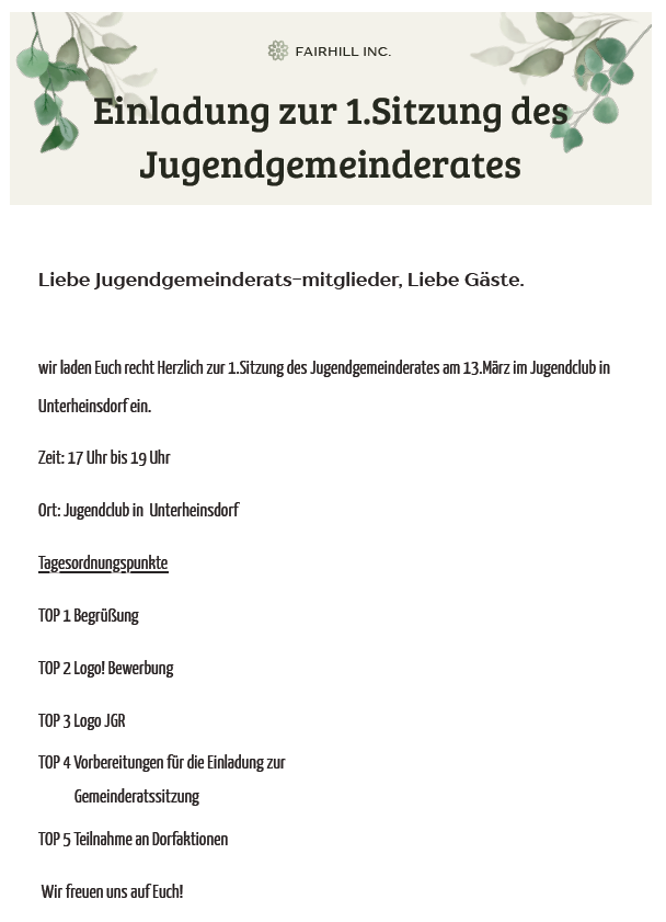 Auf dem Bild sind im oberen Teil Blätter abgedeckt. Es wird zur ersten Sitzung des Jugendgemeinderates der Gemeinde Heinsdorfergrund am 13.03.2025 von 17.00-19.00 Uhr in den Jugendclub nach Unterheinsdorf eingeladen. Weiterhin ist die Tagesordnung abgedruckt.