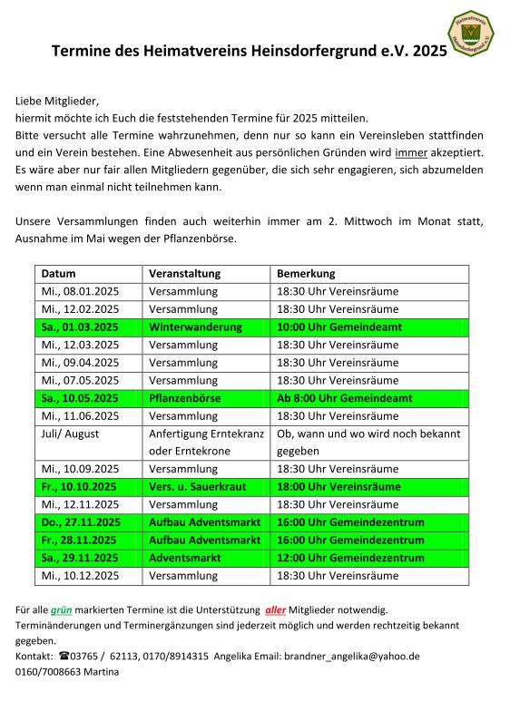 Das Bild zeigt eine Übersicht der Termine 2025 mit einer kurzen Erklärung.