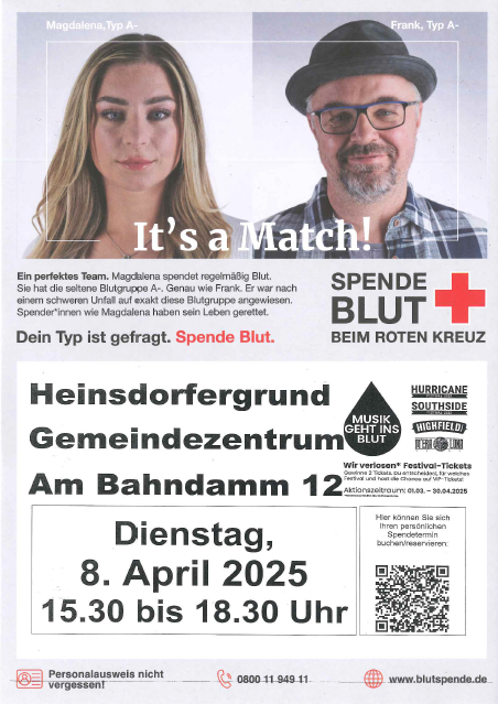Das Bild zeigt das Plakat zum Blutspendetermin am 08.04.2025 von 15.30.-18.30 Uhr im Gemeindezentrum in Heinsdorfergrund, Am Bahndamm 12.