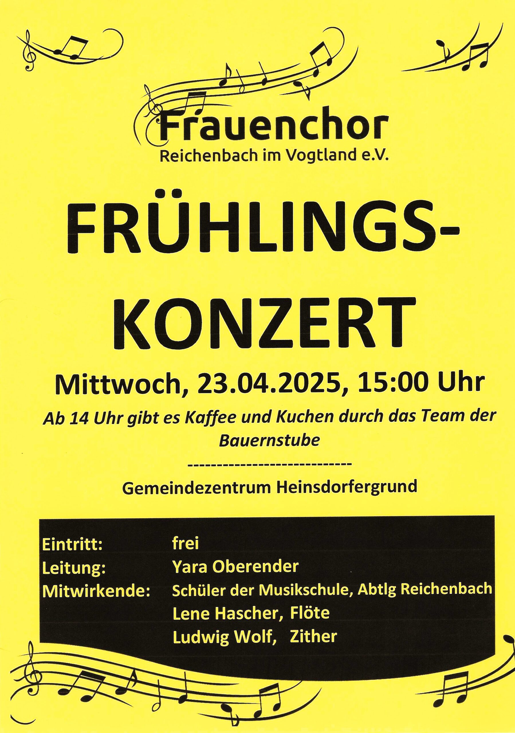 Das Bild zeigt das Plakat zum Frühlingskonzert am 26.04.2025 ab 14.00 Uhr im Gemeindezentrum in Heinsdorfergrund, Am Bahndamm 12.