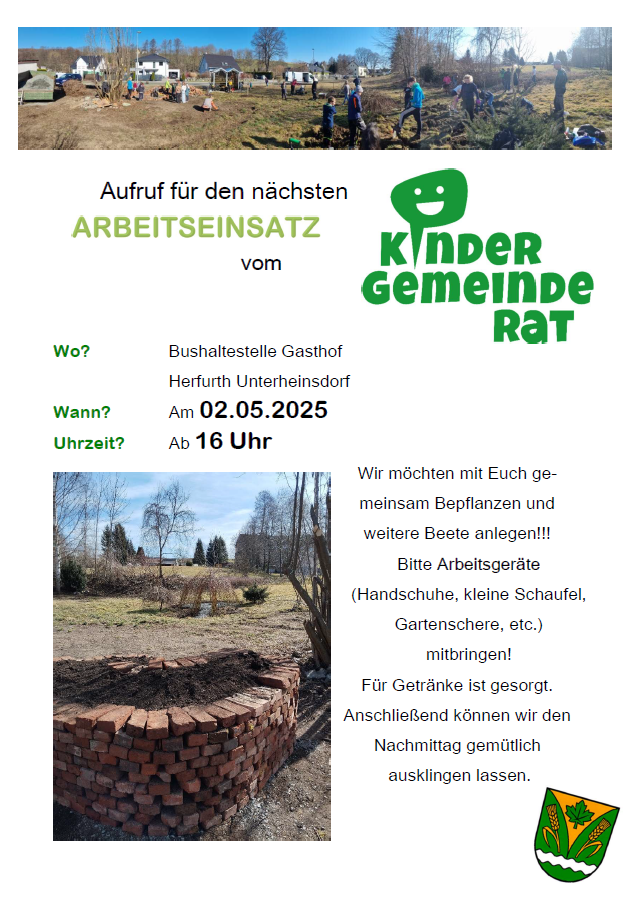 Das Bild zeigt das Plakat zum Arbeitseinsatz am 02.05.2025 ab165 Uhr in Unterheinsdorf.