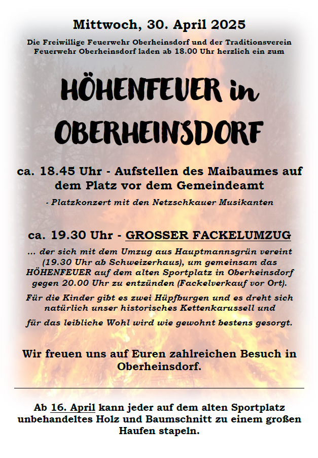 Das Bild zeigt das Plakat zum Höhenfeuer am 30.04.2025 ab 18.45 Uhr in Oberheinsdorf.