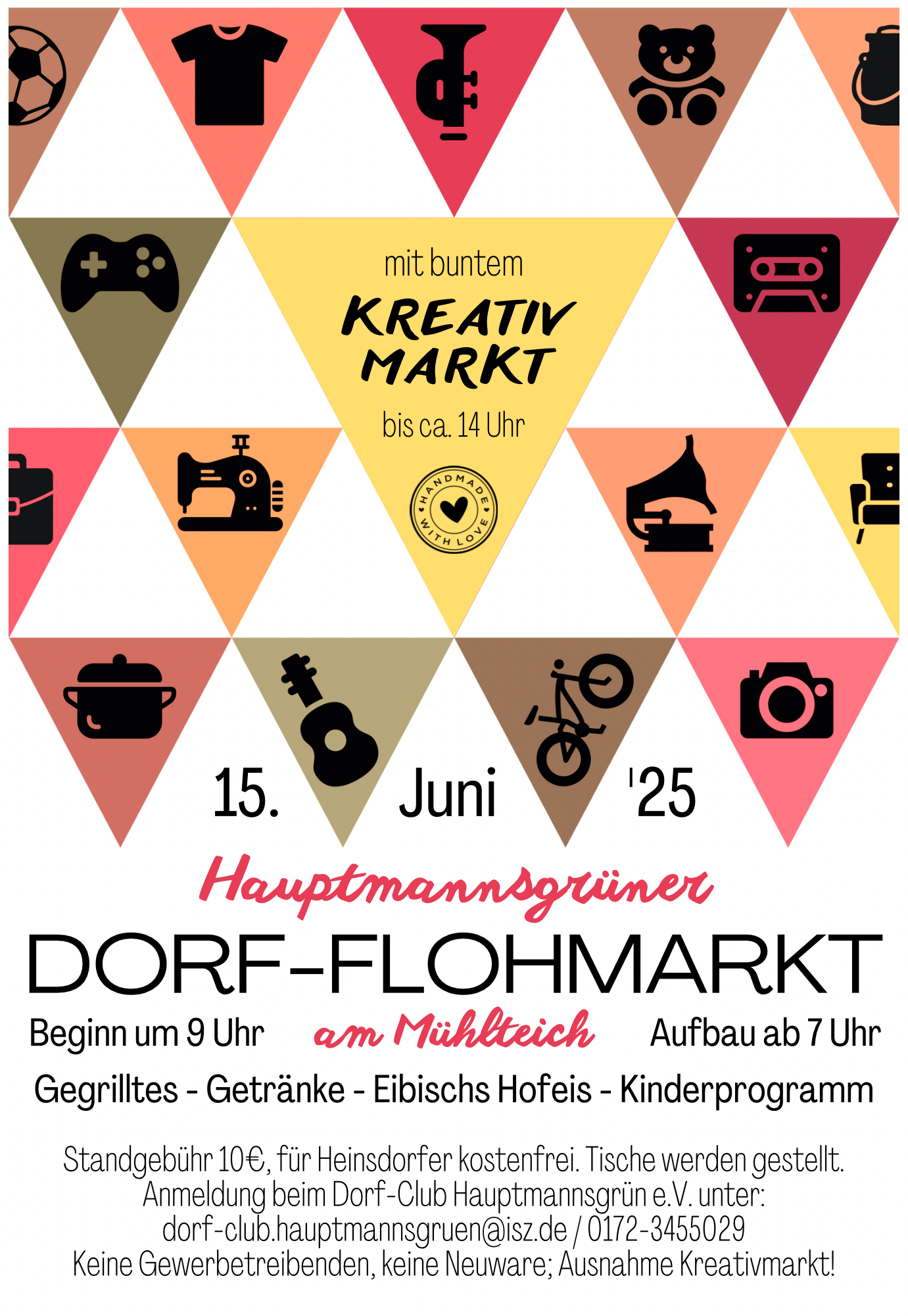 Das Bild zeigt das Plakat zum Hauptmannsgrüner Dorf-Flohmarkt am 15.06.2025 am Mühlteich