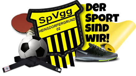 Auf dem Bild ist das Logo der Spielvereinigung Heinsdorfergrund 02 e.V. zu sehen. Es besteht aus dem gelb-schwarzen Wappen, einen Fußbball, Tischtennisschläger mit Ball, schwarzem Judogürtel, einem Turnschuh, einem gelben Gymnastikband und einer gelben Karte vom Fußball. Weiterhin steht der Spruch "Der Sport sind wir" geschrieben.