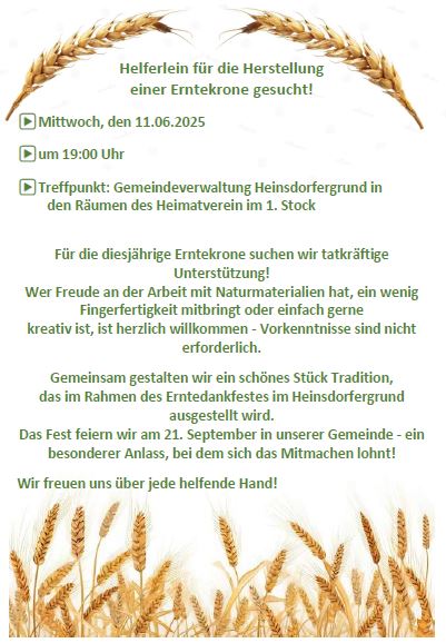 Das Plakat zeigt den Aufruf vom Heimatverein für die Sitzung der Erntehelfer zur Herstellung einer Erntekrone
