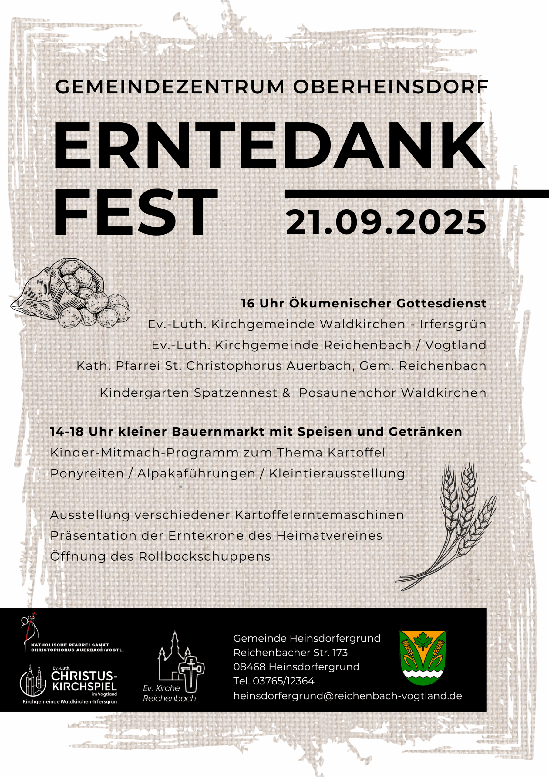 Das Bild zeigt das Plakat vom Erntedankfest 2025 der Gemeinde Heinsdorfergrund am 21.09.2025 am und im Gemeindezentrum mit einem kurzen Programmausschnitt