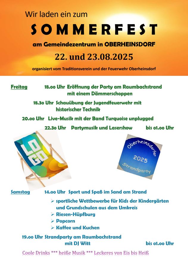 Das Bild zeigt da Plakat zum Oberheinsdorfer Sommerfest am 22.+23.08.2025 am Gemeindezentrum mit einer kleinen Programmauswahl von der Feuerwehr und dem Traditionsverein Oberheinsdorf