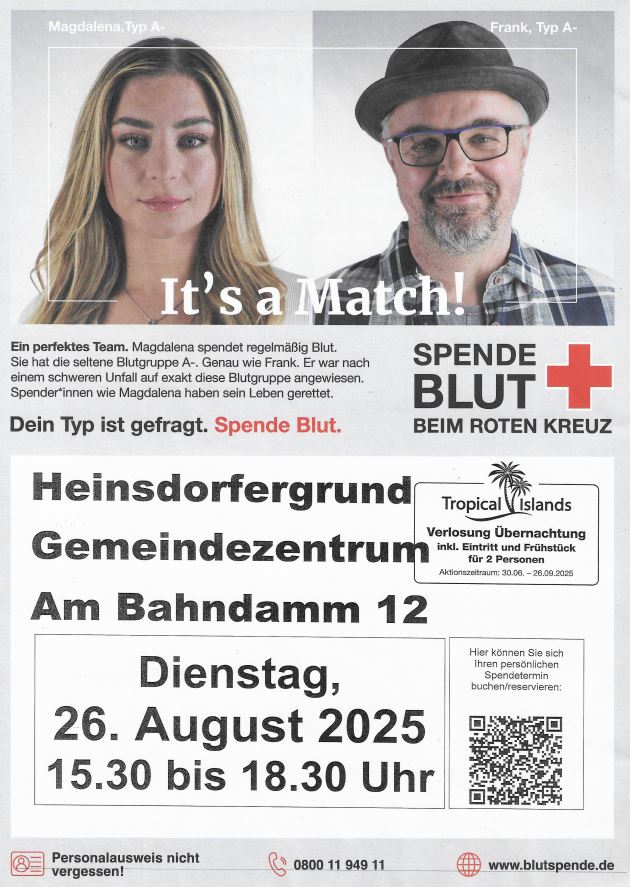 Das Bild zeigt das Plakat zum Blutspendetermin im Gemeindezentrum Heinsdorfergrund am 26.08.2025 von 15.30-18.30 Uhr